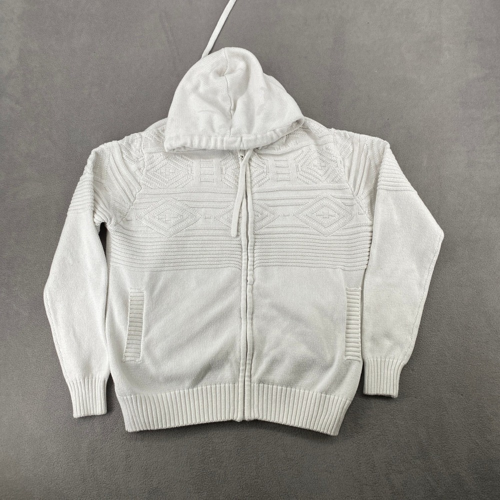 Fried Denim NYC Mens White Textured Knit Full Zip Hoodie Sweater Size Small